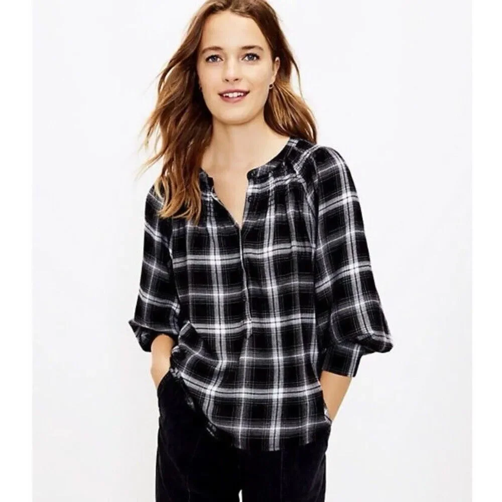Ann Taylor LOFT Plaid Henley Peasant 3/4 Length Sleeve Blouse Size Small - Picture 1 of 7